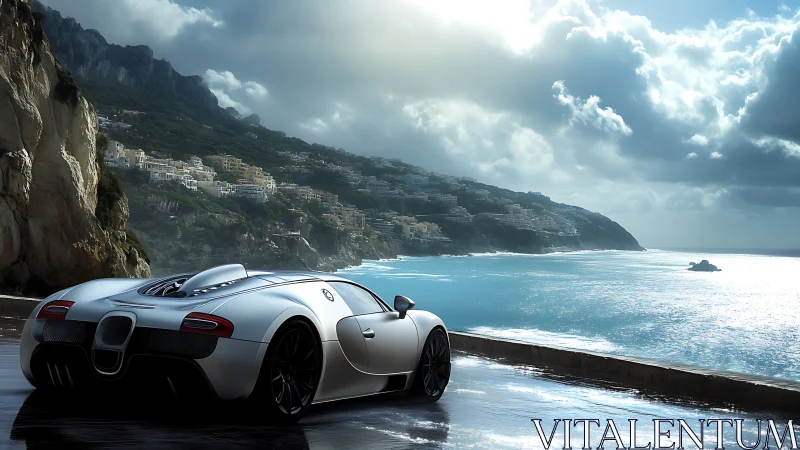 Silver sports car on wet coastal road beneath cloudy sky.