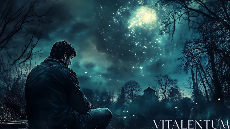 Solitary figure under luminous night sky beside chapel.