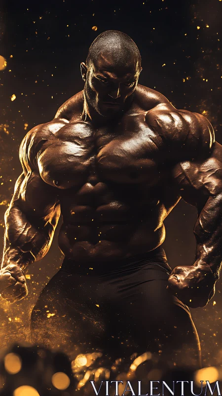 Muscular male figure in dramatic golden lighting pose.