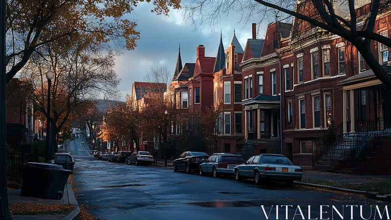 Autumn light tiptoes along a quiet brownstone avenue