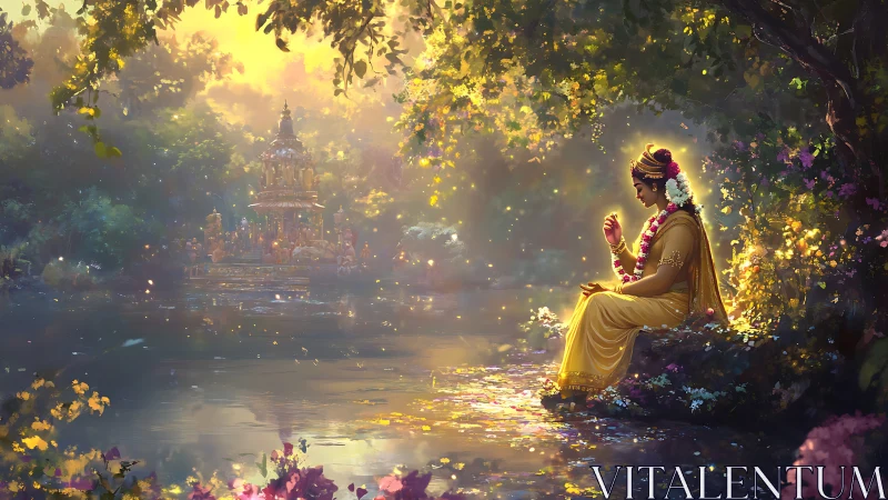 Golden robed figure in serene riverside temple light.