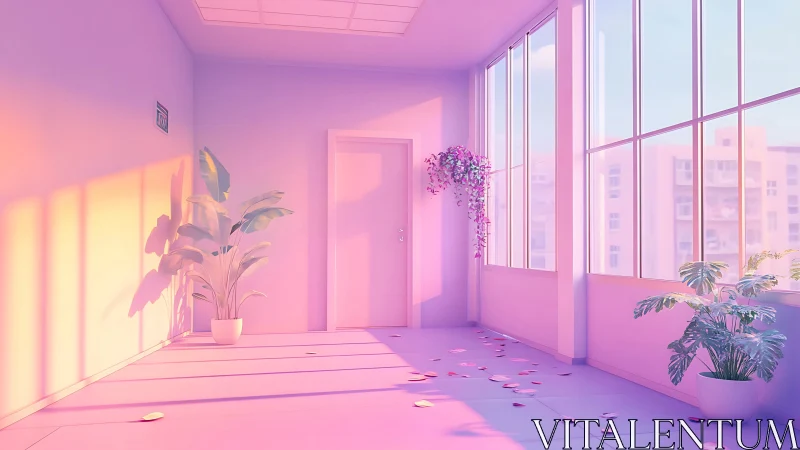 Sunlit pastel corridor with plants and scattered petals.