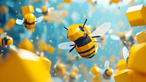 Playful low poly bees buzzing through a sunny pastel sky.