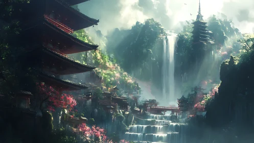 Mountain shrine complex overlooks luminous cascading falls.