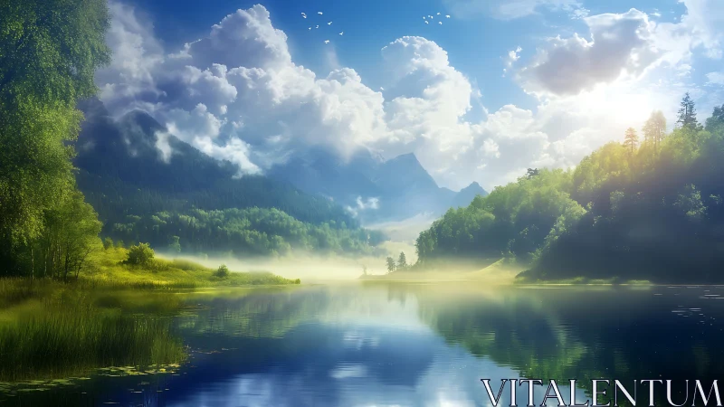 Mountain lake landscape renders luminous atmospheric depth