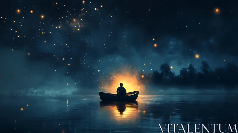 Solitary figure in boat watches glowing horizon under stars