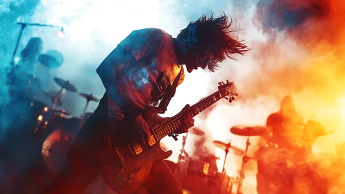 Backlit rock guitarist captured in dynamic stage silhouette lighting