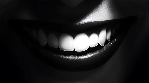 Gleaming monochrome smile with high-contrast lighting focus.
