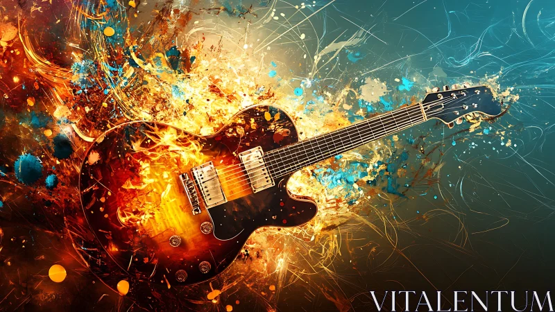 Electric guitar amid dynamic abstract color bursts.