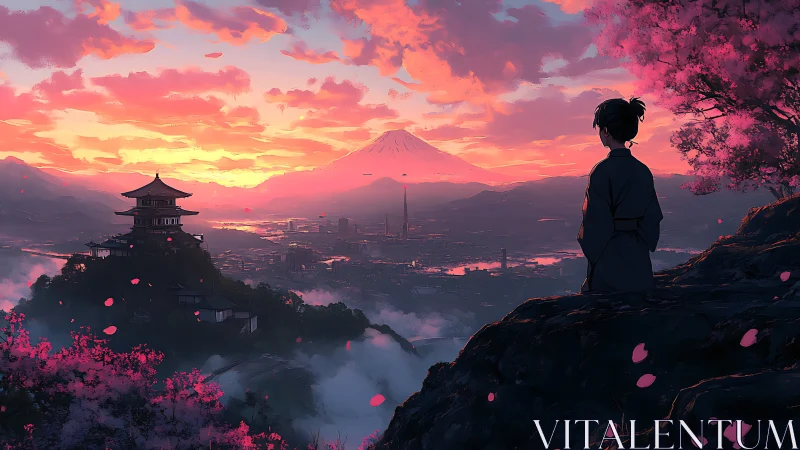 Twilight petals drift above a quiet city of distant peaks.