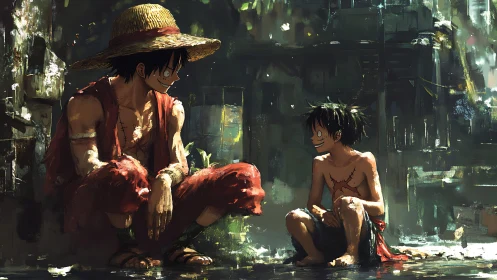 Straw-hatted adventurers share a quiet moment in rain-soaked alley.