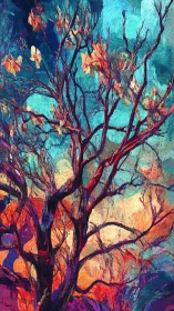 Expressionist arboreal silhouette with prismatic impasto sky.