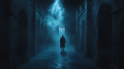 Backlit figure in fog-filled gothic corridor under blue volumetric light