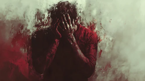 Expressionist digital portrait of distressed figure in red field.