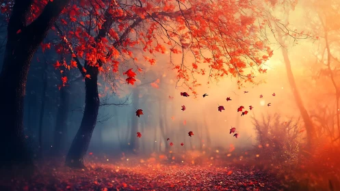 Digital painting of luminous autumn forest with drifting leaves.