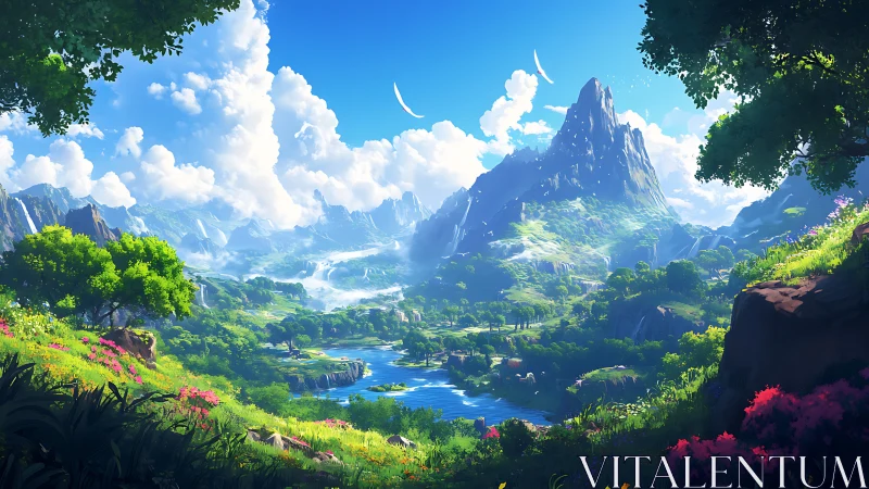 Luminous fantasy valley unfolds beneath towering crystal peak