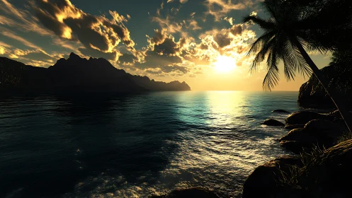 Tropical coastline sunset with mountains and palm trees.