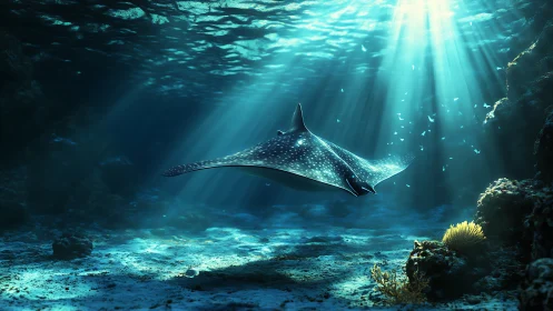 Spotted manta ray gliding through volumetric sunlit seafloor