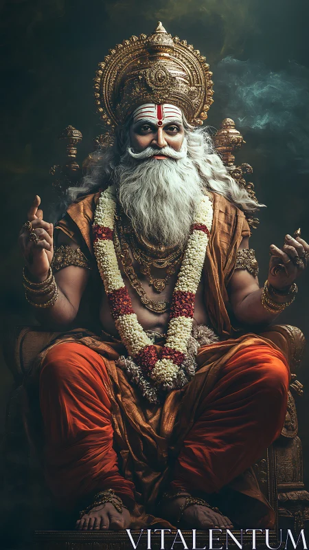 Regal Hindu sage sits enthroned in divine golden radiance