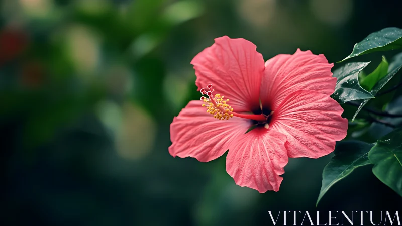 Coral-Pink Hibiscus with Profiled Stamen Architecture and Foliated Context.