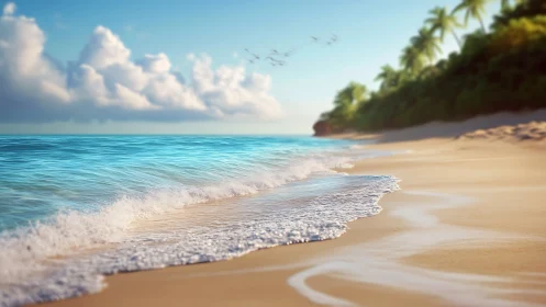 Tropical shoreline with waves, clouds, and distant palms.