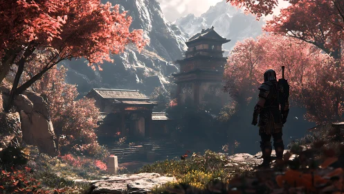 Armored wanderer surveys sunlit temple in crimson valley