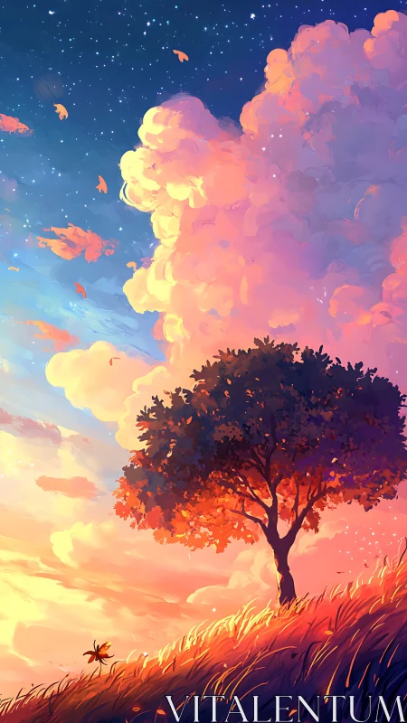 Sunset hillside tree under luminous cumulus and starry sky