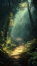 Forest pathway with diffused light rays filtering through dense canopy cover