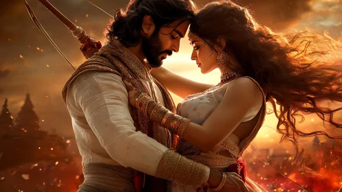 Cinematic mythic lovers framed in ember rich battlefield glow.