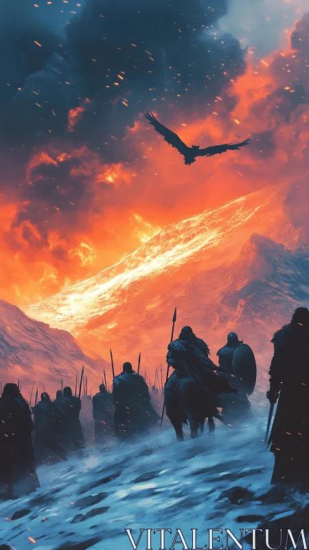 Armored figures in snowy pass below burning sky and peaks.