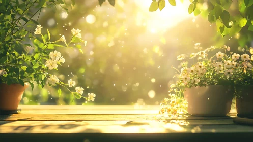 Golden morning sunlight gently warms a flower filled garden table