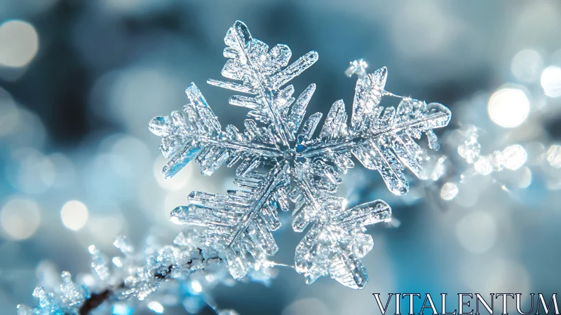 Crystal snowflake jewel suspended in frosted winter light.