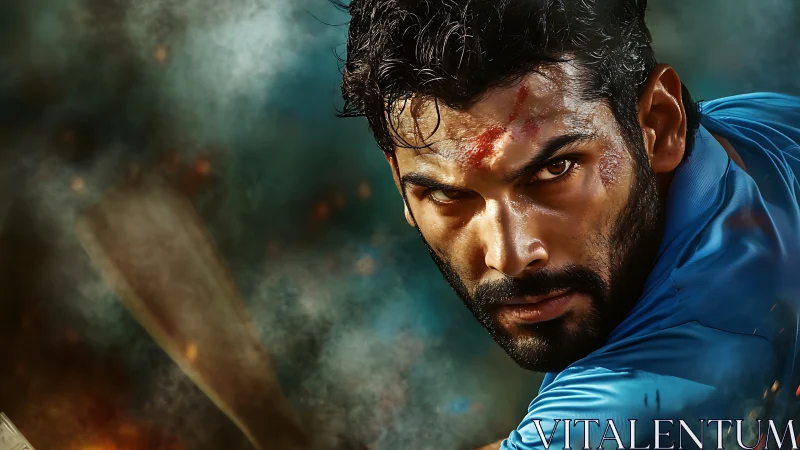 Fierce cricket warrior locking eyes with the final ball.