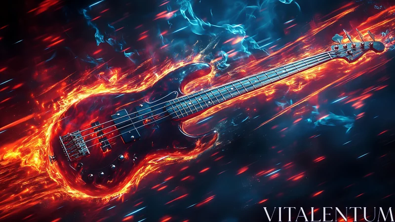 Electric bass guitar engulfed in stylized blue and red flames.