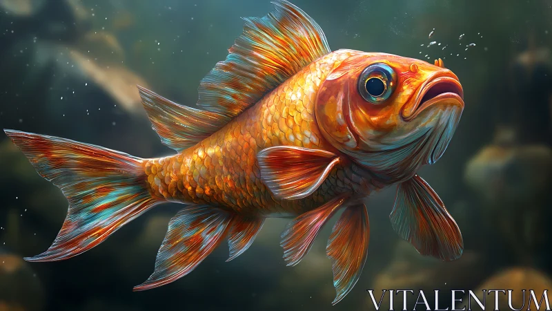 Hyperreal orange goldfish with iridescent fins in murky water