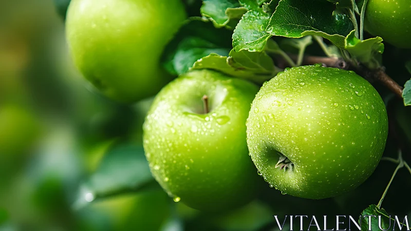 Green apples on tree branches with surface water droplets.