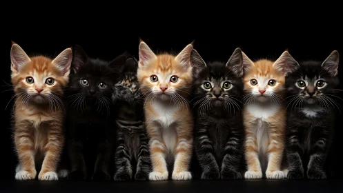 Seven Kittens Lined Up Against Black Background