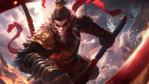 Fierce monkey warrior leaping into a storm of swirling fire.