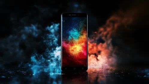 Cyberpunk smartphone showcase with bicolor nebula illumination.