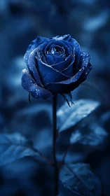 Cerulean rose with crystalline moisture deposits in blue-dominant photographic context.