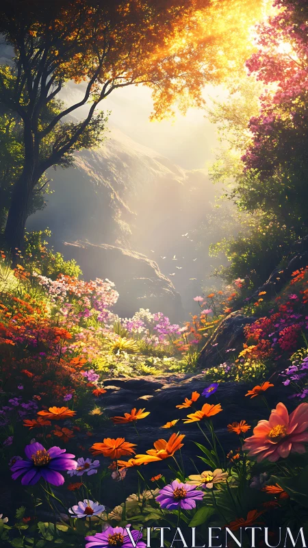 Sunlit wildflower path glows beneath a radiant forest canopy.
