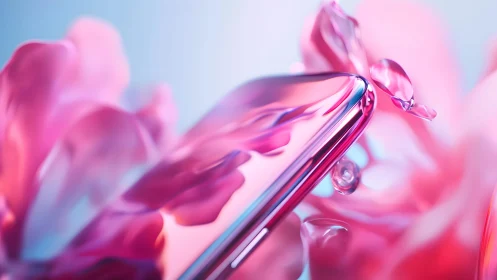 Sleek Pink Smartphone Amidst Abstract Floral Swirls, Modern Art.