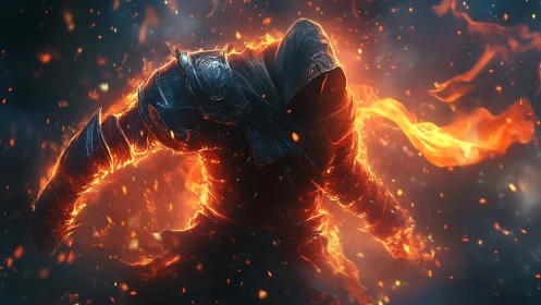 Hooded fireborn warrior in molten armor amid embers.