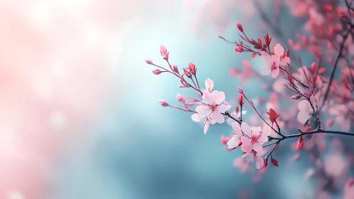 Soft-focus cherry blossoms emerge against pastel bokeh field
