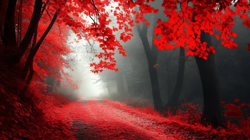 High-contrast red forest path receding into atmospheric white fog