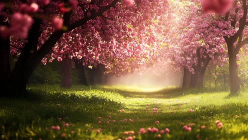 Sunlit path runs beneath dense pink blossom tree canopy