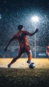Rainstorm floodlights sculpt a striker mid kick into myth