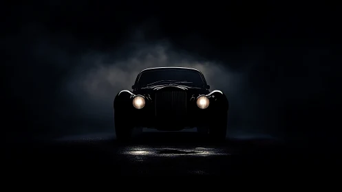 Low-key frontal portrait isolates a classic coupe in darkness