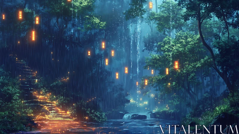 Digital painting of lantern-lit forest cascade in rainfall.