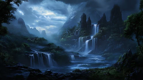 Moonlit waterfalls weave silver paths through hidden peaks
